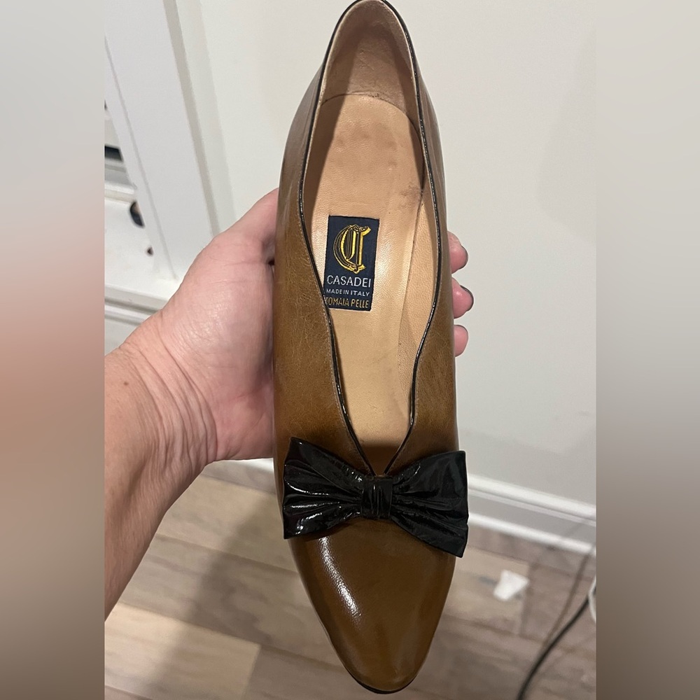 Casadei Women's Brown Leather Shoes with Black Bow